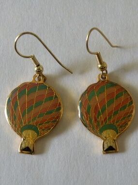 Vintage Hot Air Balloon Pierced Dangle Earrings Enamel & Gold Tone